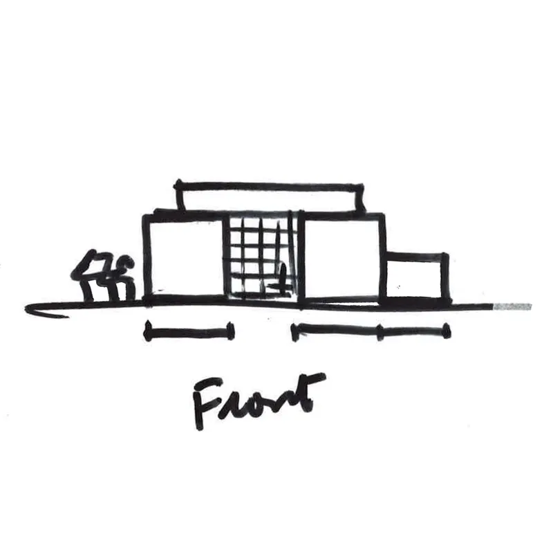 Front elevation sketch showing a single-story building with central grid screen and flanking solid panels