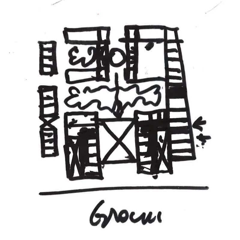 Hand-drawn plan view showing rooms arranged around a central courtyard with a decorative tree element