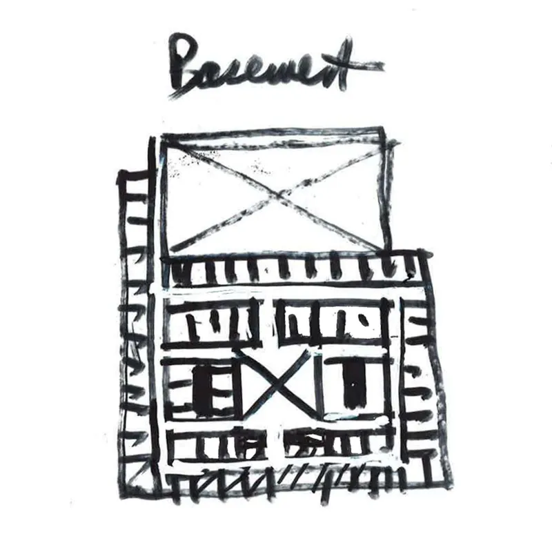 Sketch elevation of a multi-story building with cross-braced panels and vertical ladder-like detailing on sides