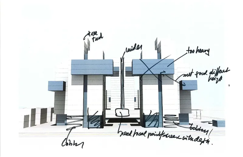 Elevation sketch showing vertical white towers flanking a central courtyard with handwritten notes
