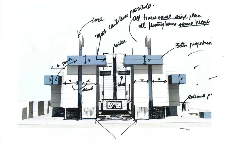 Annotated front elevation sketch depicting the entrance canopy and flanking tower structures with arrows