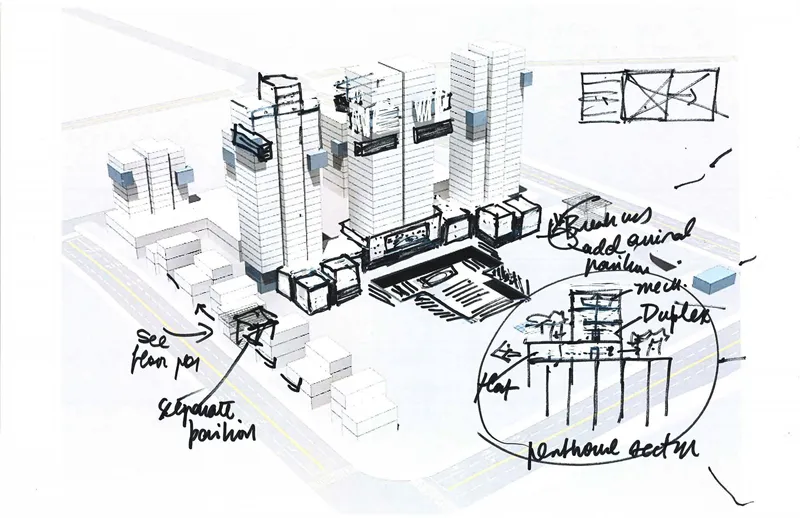 Axonometric sketch showing clustered towers around a central plaza with handwritten circulation notes