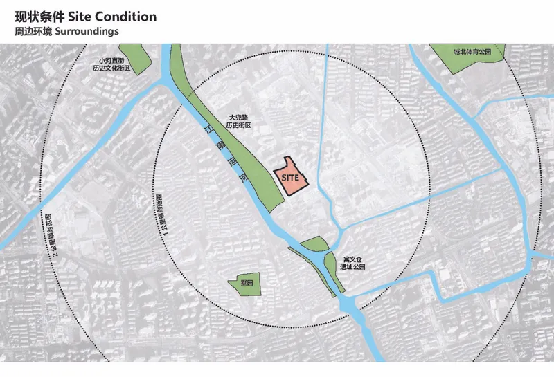 Site condition diagram mapping the project parcel among surrounding green spaces and waterways