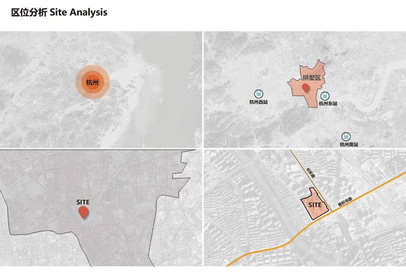 Site analysis diagram showing regional context and adjacent road network in grayscale aerial views