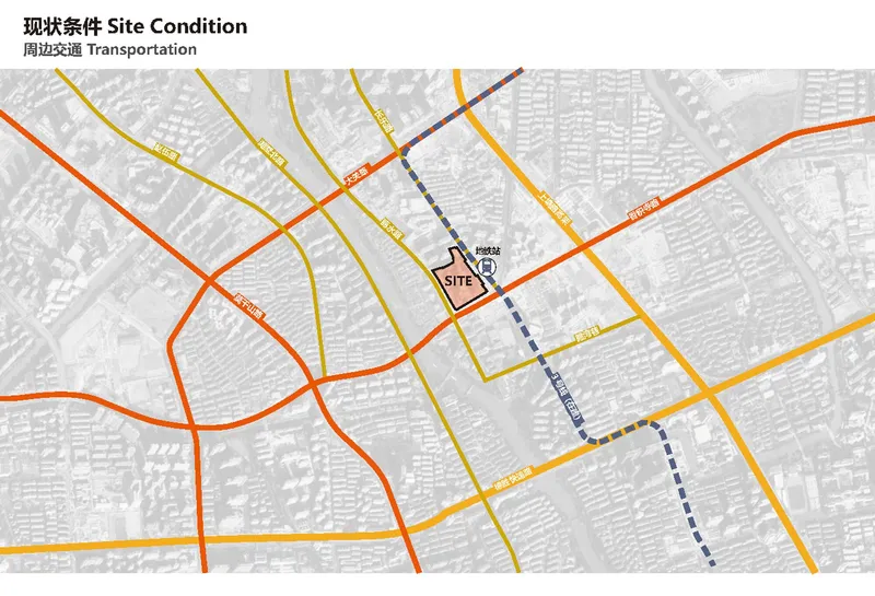 Site plan diagram showing the network of roads and pedestrian paths surrounding the triangular site parcel