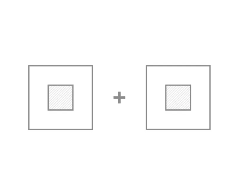 Diagram showing two separate square volumes each with a central courtyard space before combination