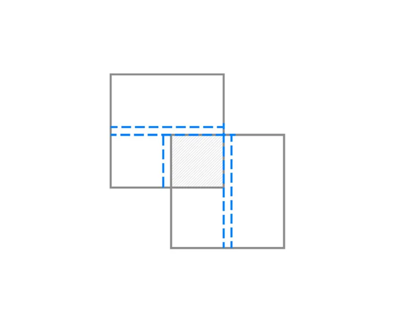 Diagram showing circulation path connecting the two overlapping volumes through the shared courtyard space