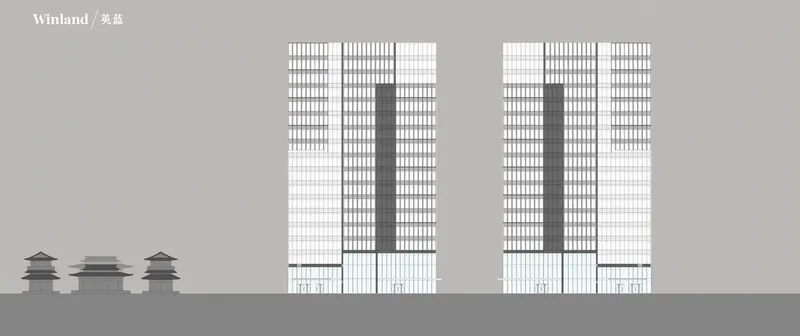 Elevation drawing showing twin high-rise towers with gridded facades beside traditional temple silhouettes