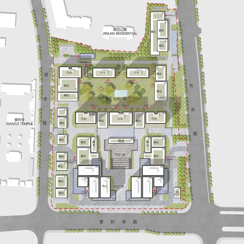 Site plan showing residential blocks arranged around a central landscaped courtyard with perimeter tree planting