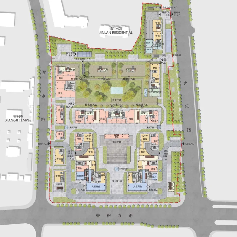 Site plan drawing showing residential blocks arranged around central courtyards with landscaping and perimeter tree planting