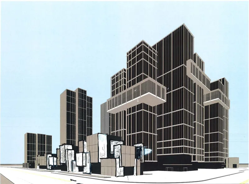 Axonometric view showing stepped tower massing with vertical metal fins wrapping the facades