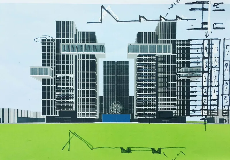 Elevation drawing of clustered towers with vertical striping above a green groundplane