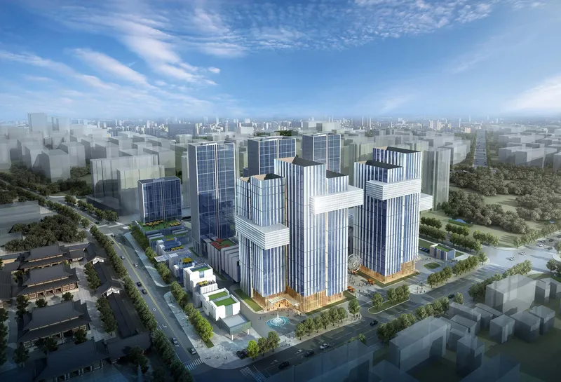 Aerial rendering of the tower complex with vertical striped facades and surrounding tree-lined boulevards