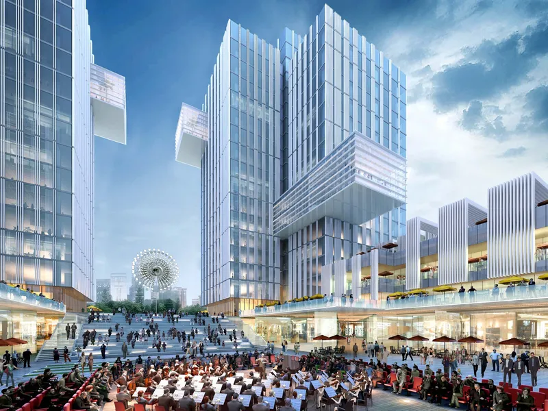 Public plaza with terraced seating and crowd gathered beneath cantilevered tower volumes at dusk