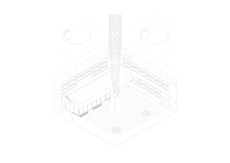 Isometric drawing showing a double-height interior with bookshelves, a reception desk, and a central vertical element