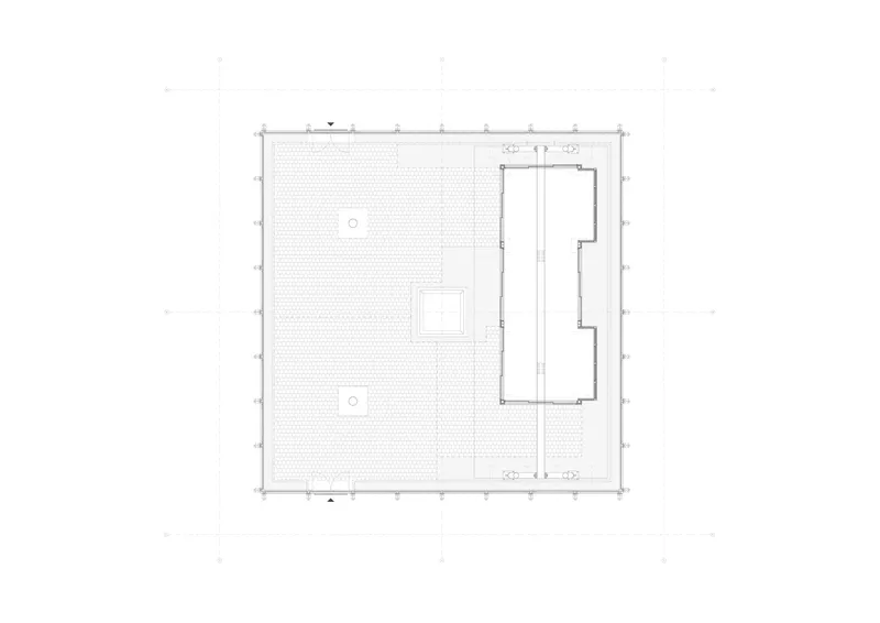 Roof plan drawing showing a rectangular volume positioned on a textured surface with circular elements