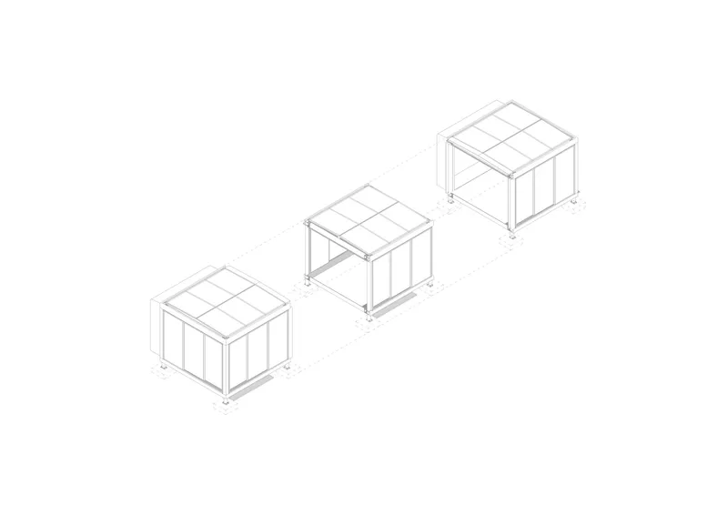 Axonometric drawing showing three modular pavilions with glazed walls and gridded roofs in sequence