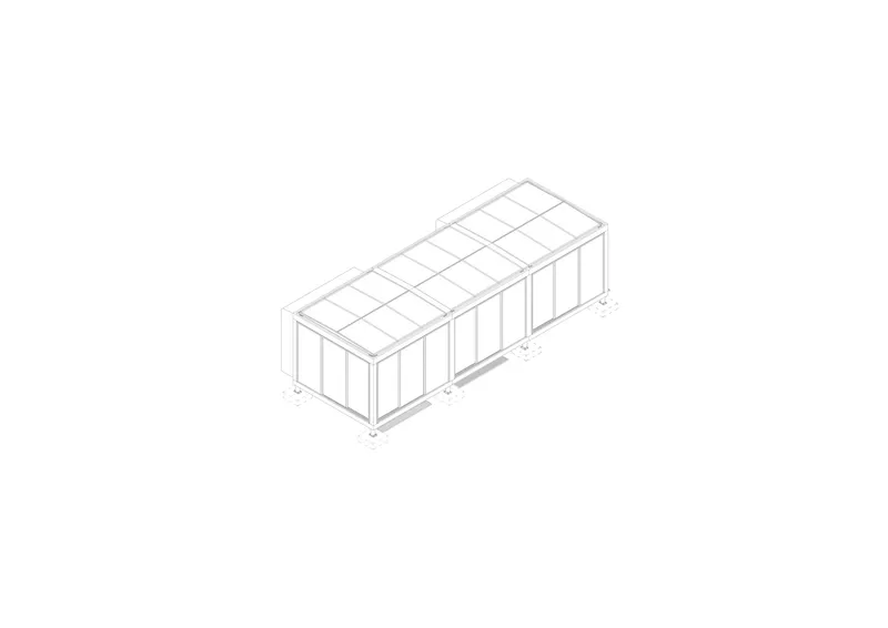 Axonometric drawing of a single elongated pavilion with glazed walls and a gridded roof structure