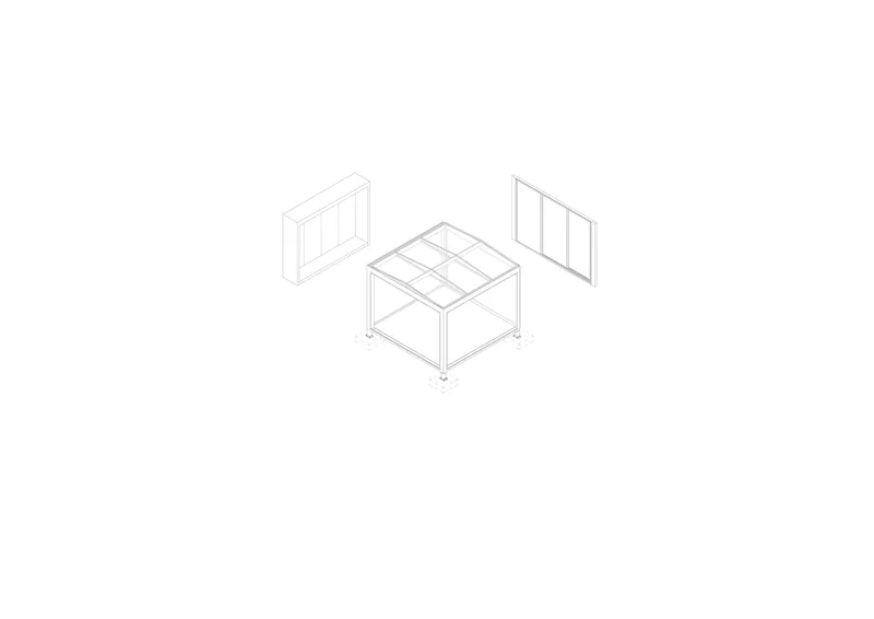 Exploded axonometric drawing showing a pavilion core with detached glazed wall panels on either side