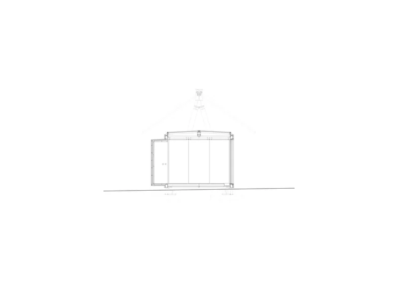 Section drawing showing a rectangular pavilion with a central chimney and suspended cable support system