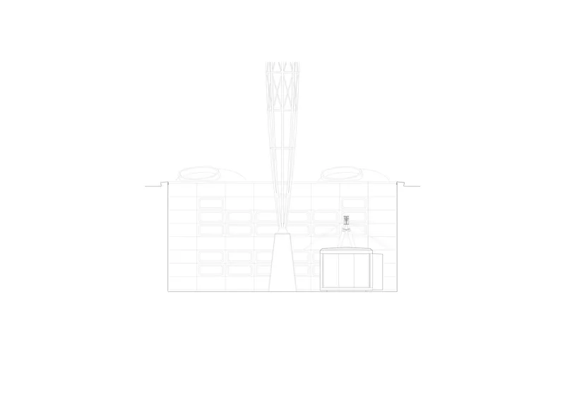Elevation drawing depicting a central tower with radiating cables over a low horizontal structure flanked by residential blocks