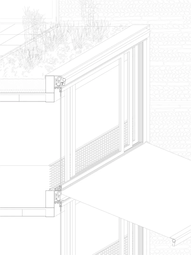 Axonometric detail drawing showing sliding glass door assembly with mullions connecting two floor levels