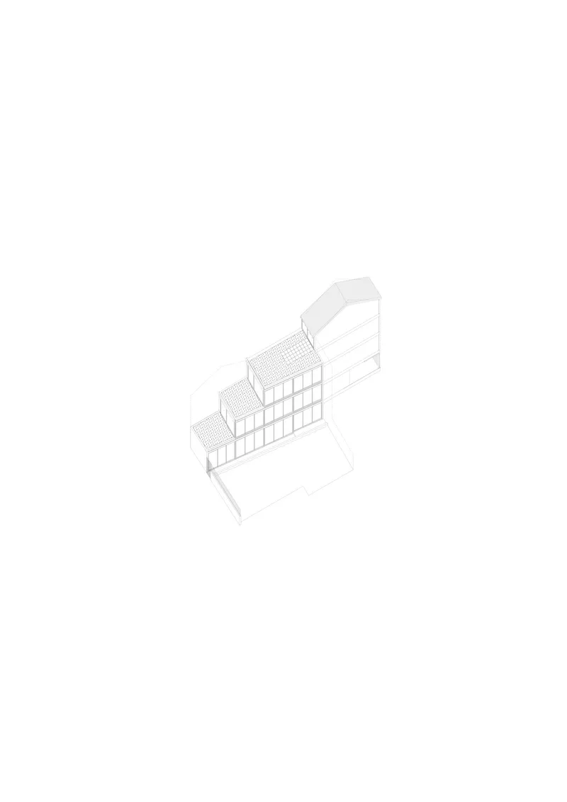 Axonometric drawing showing a stepped building with vaulted roofs and a grid facade