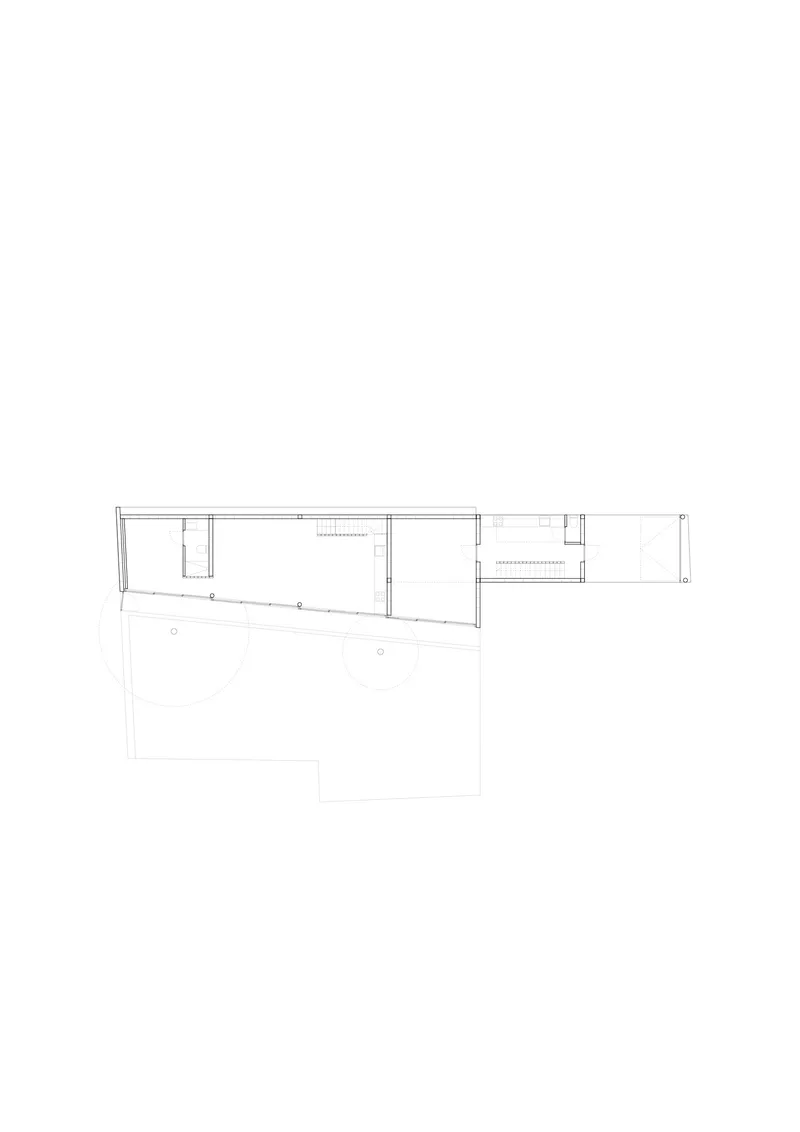 Floor plan drawing depicting an angular layout with terraces and interior room divisions