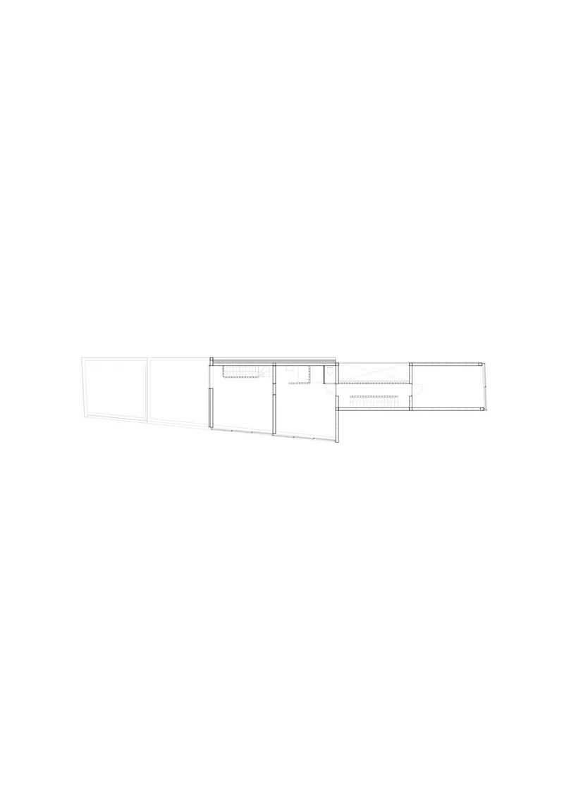 Floor plan drawing illustrating a linear arrangement of rooms with central service cores