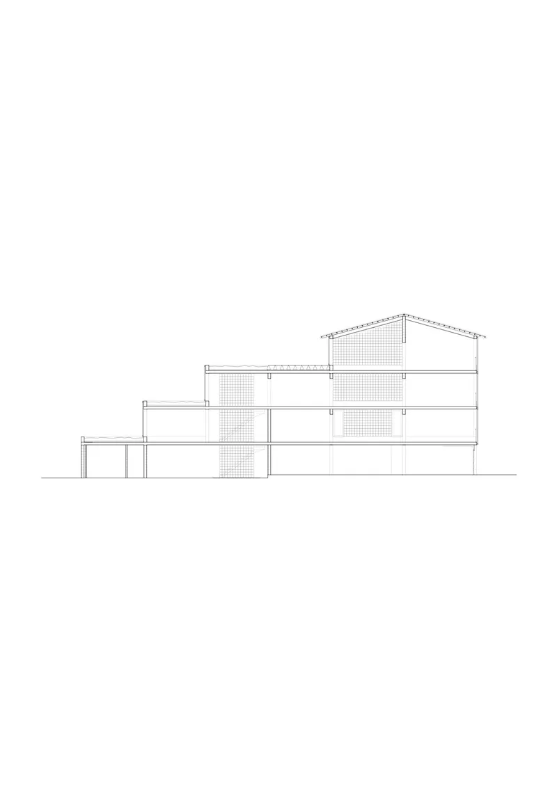 Section drawing showing a stepped building descending a slope with vaulted roof profiles