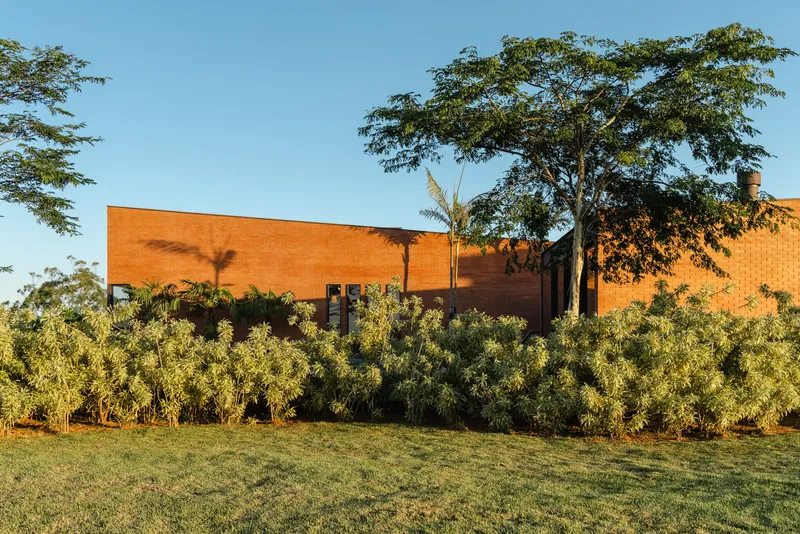 Orange brick volume rising above dense shrub planting and a mature tree in low sunlight