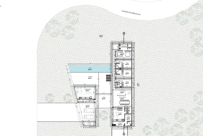 Site plan drawing showing an L-shaped residence with pool and stippled landscape surroundings