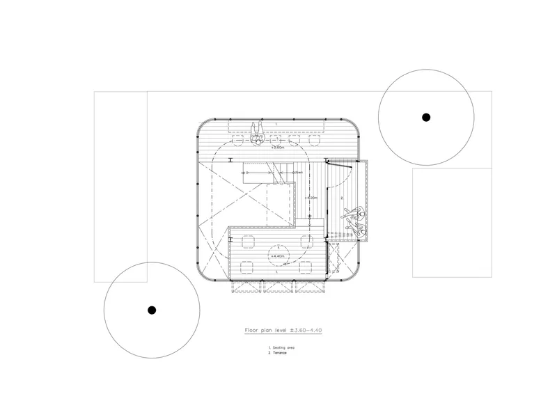 Floor plan drawing displaying a double-height space with central stair and surrounding terrace