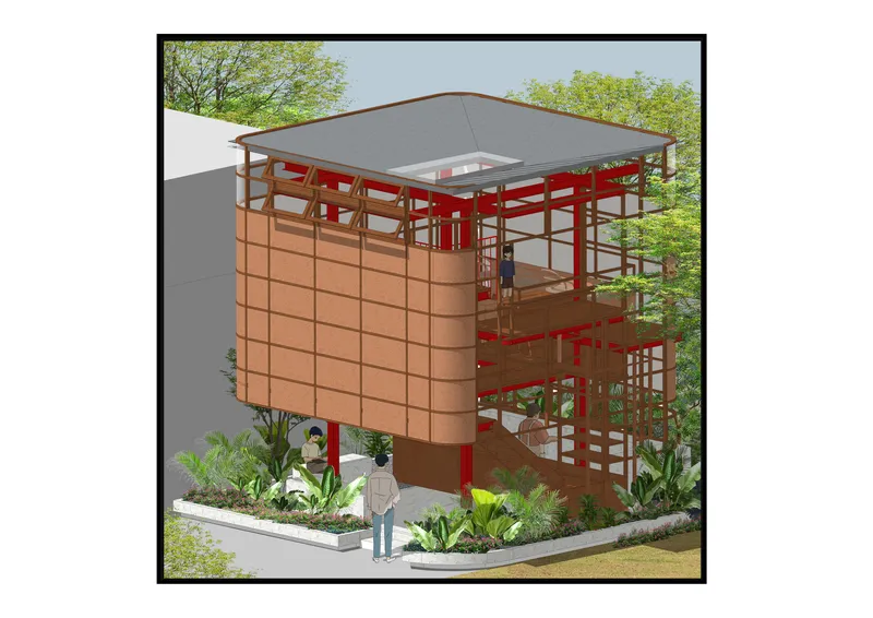 Axonometric rendering of a three-storey timber and red steel frame structure with planted beds