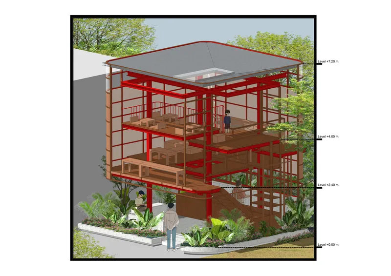 Sectional axonometric showing exposed red structural frame with timber floors and level annotations