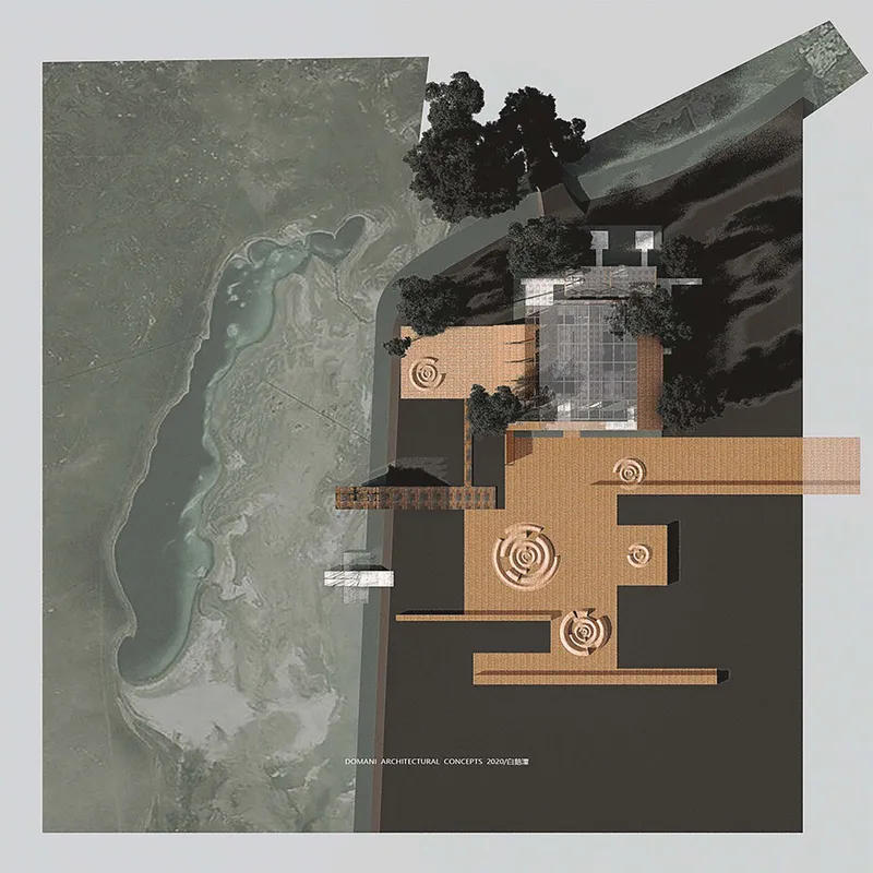 Site plan overlaid on aerial photograph showing building footprints with circular roof features near water