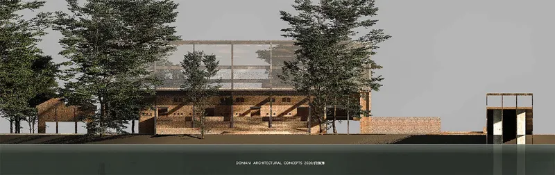 Sectional elevation showing brick volumes with steel frame structure and mature trees under overcast sky