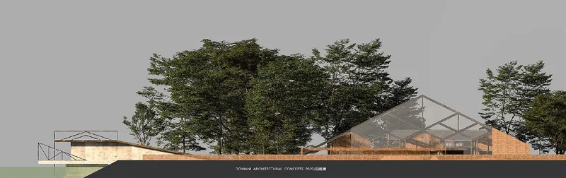 Sectional elevation revealing transparent gabled roof structure above brick base surrounded by dense tree canopy