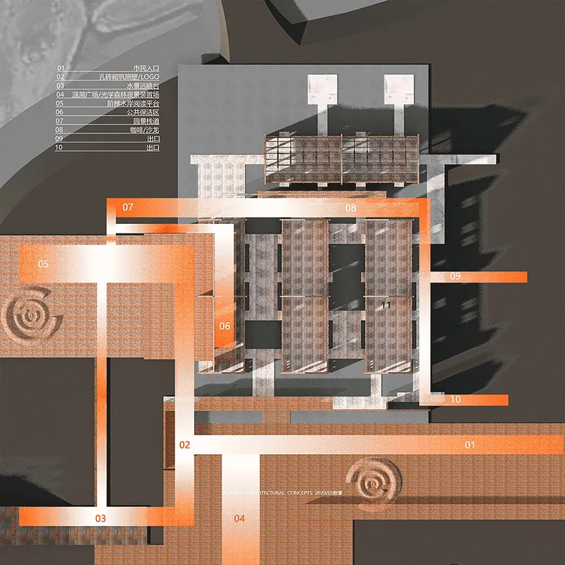 Site plan drawing with orange circulation paths highlighting courtyard spaces and interior volumes