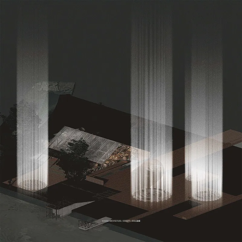 Aerial rendering showing translucent pavilion volumes with dramatic vertical light beams at night