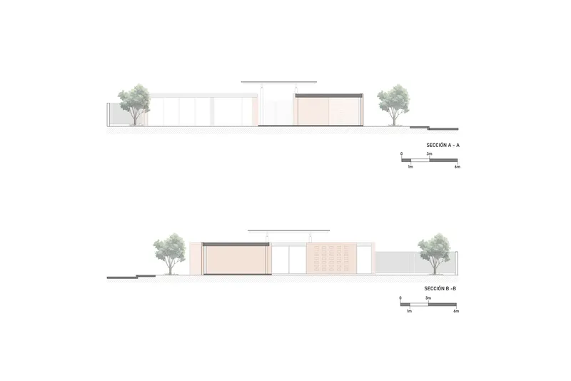 Section drawings showing the low-profile structure with flat and vaulted roofs flanked by trees