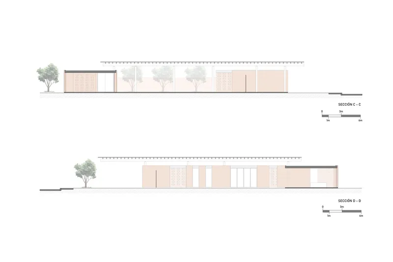Section drawings revealing the long horizontal roofline with clerestory openings and perforated screens