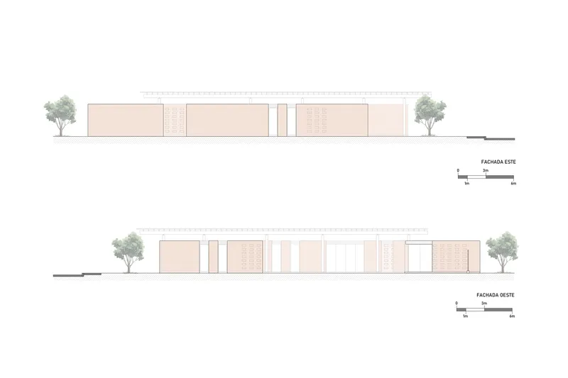 Elevation drawings of the east and west facades showing perforated brick panels and solid volumes