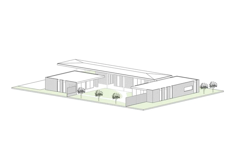 Axonometric drawing showing the courtyard-centered plan with overhanging roof and surrounding lawn