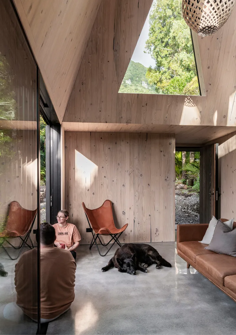 Double-height plywood interior with triangular skylight and person seated on floor with dog