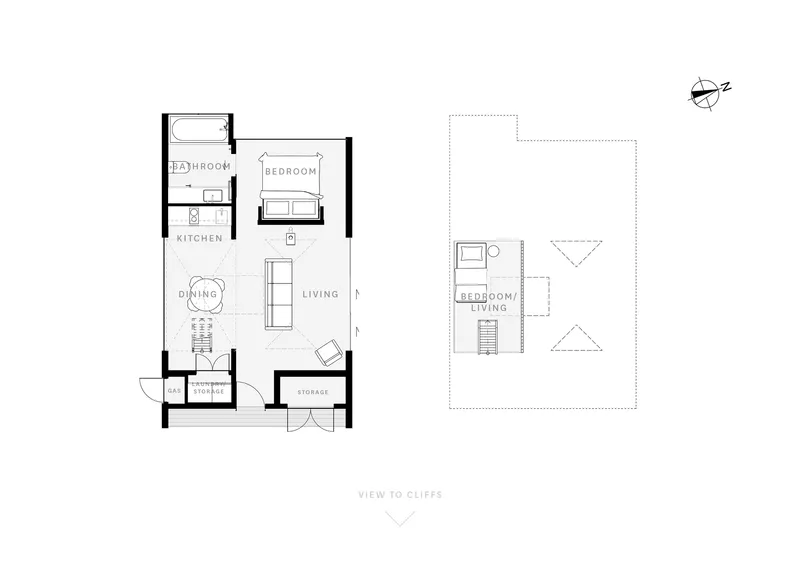 Floor plan drawing showing main living level with kitchen, bathroom and mezzanine bedroom above