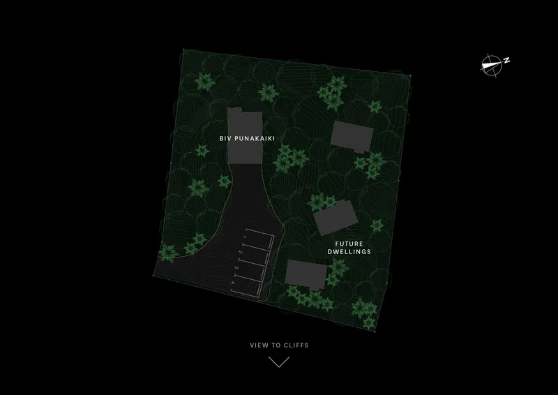 Site plan drawing showing building footprint surrounded by topographic contours and tree symbols
