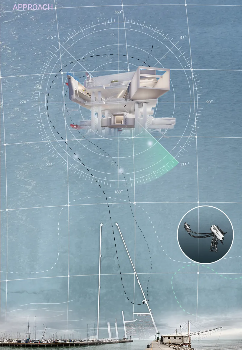 Floating observation vessel linked to the anchored rig, creating a dialogue between mobility and permanence at sea.