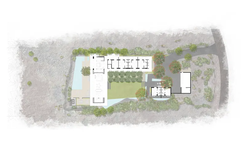 Site plan drawing showing building volumes around a courtyard and pool amid scattered trees and landscape