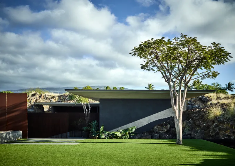 Street facade showing dark volume on lava rock plinth with flat roof and mature tree
